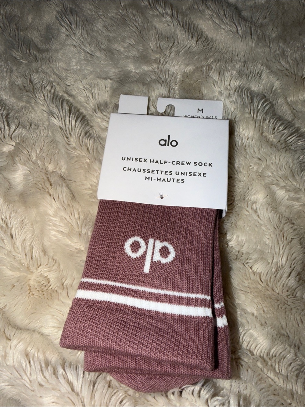 ALO Yoga Half-Crew Socks in Dusty Rose with White Stripes